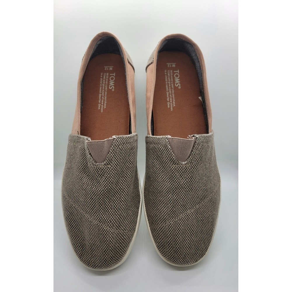 Casual Comfy Toms Men 12 Canvas Loafers Tan Olive Bubble Stitch Great Condition - Picture 2 of 15